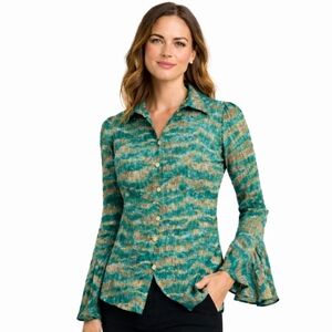Diane von Furstenberg DVF XS Green Brown Animal Print Bell Sleeve Button Blouse